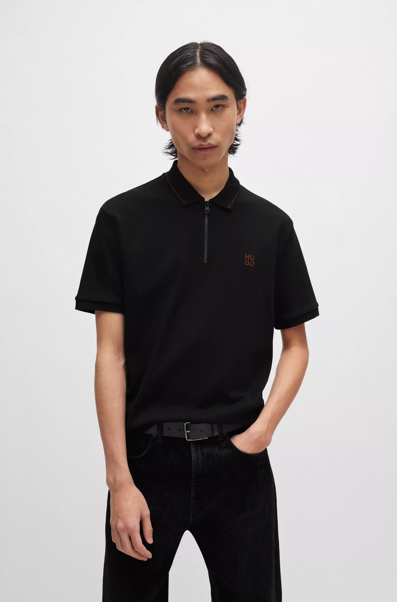 Camisa polo HUGO vermelha em algodão interlock com logotipo empilhado