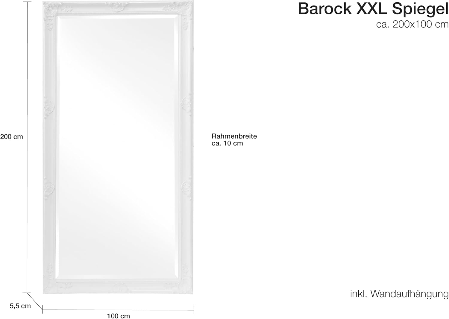 Wandspiegel Barock weiß ca. 200 x 100 cm Antik-Stil m. Facettenschliff XL Ganzkörperspiegel, Gaderobespiegel, Flurspiegel, Spiegel klassisch