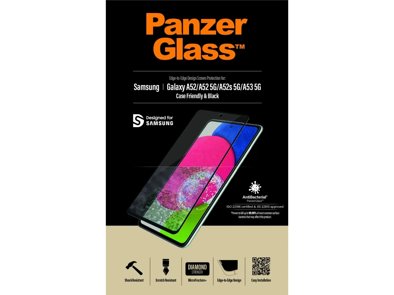 PanzerGlass™ | Case-Friendly - Skærmbeskytter for mobiltelefon - Edge-to-Edge fit - rammefarve sort | Samsung Galaxy A52/A52 5G