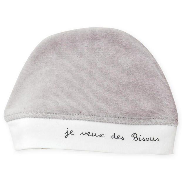 Bonnet de naissance en velours Bisous - Gris - TROIS KILOS SEPT