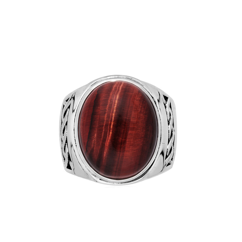 Bague oeil de tigre rouge massive argent.