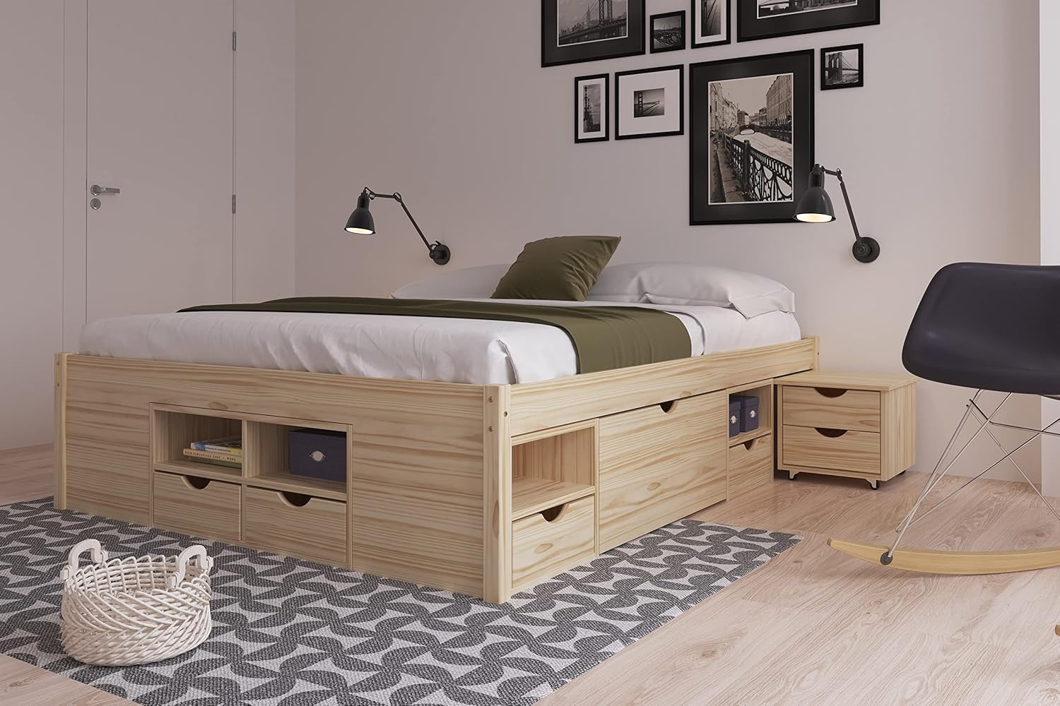 Inter Link - Funktionsbett - Bett mit Schubladen - Doppelbett 160 x 200 cm - 2 Große und 4 kleine Schubladen - Nachtkommode - Kiefer massivholz - Inkl Lattenrost - Natur lackiert - Claas