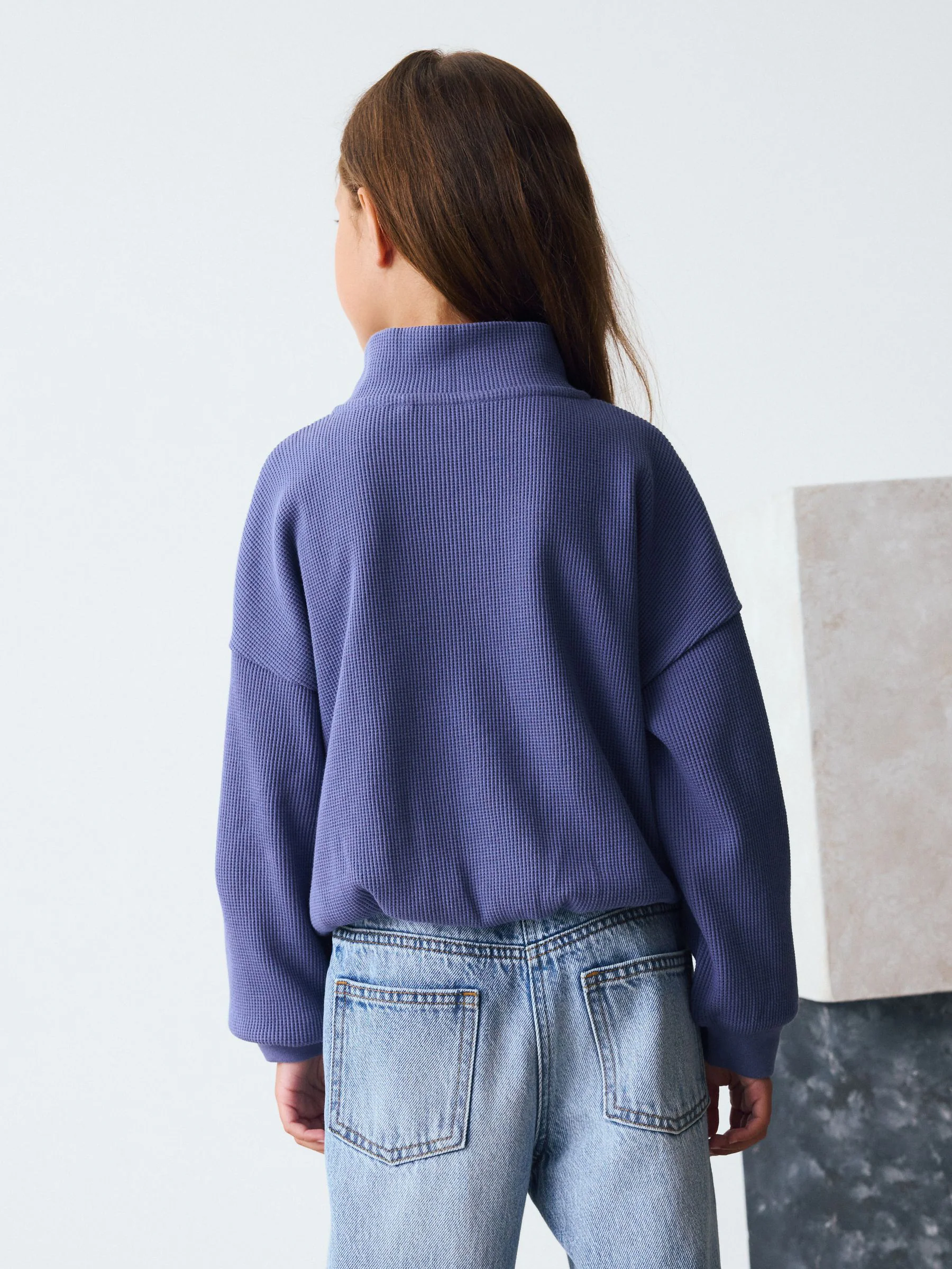 Blauw - Getextureerde sweater met lange mouwen en rits (3-16jr)