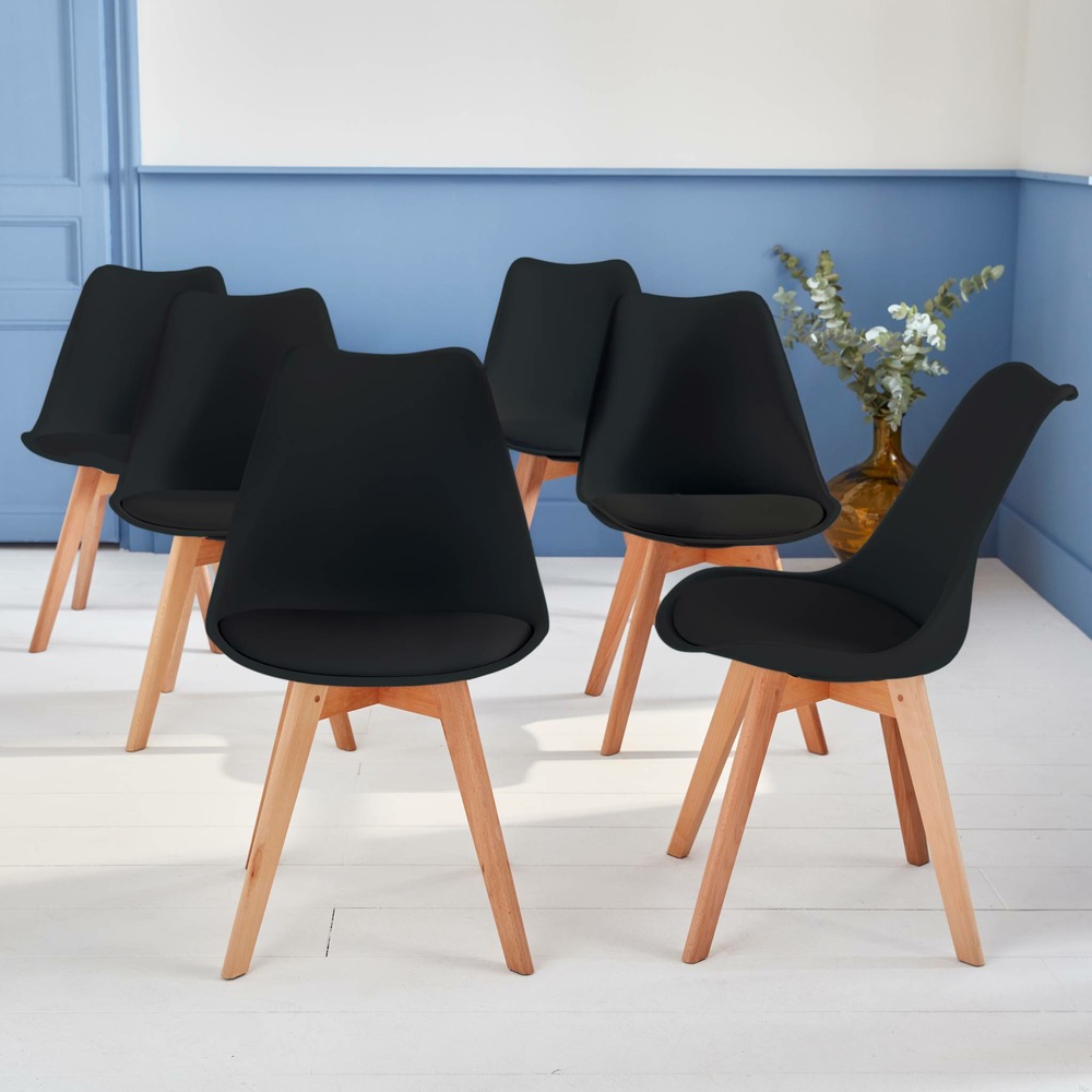 Lot de 6 chaises scandinaves. Pieds bois de hêtre. Chaises 1 place. Noirs