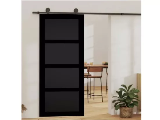 Porte Coulissante Telia Noir 4 Panneaux H204 X L73 + Rail à Roulettes Noir Gd Menuiseries