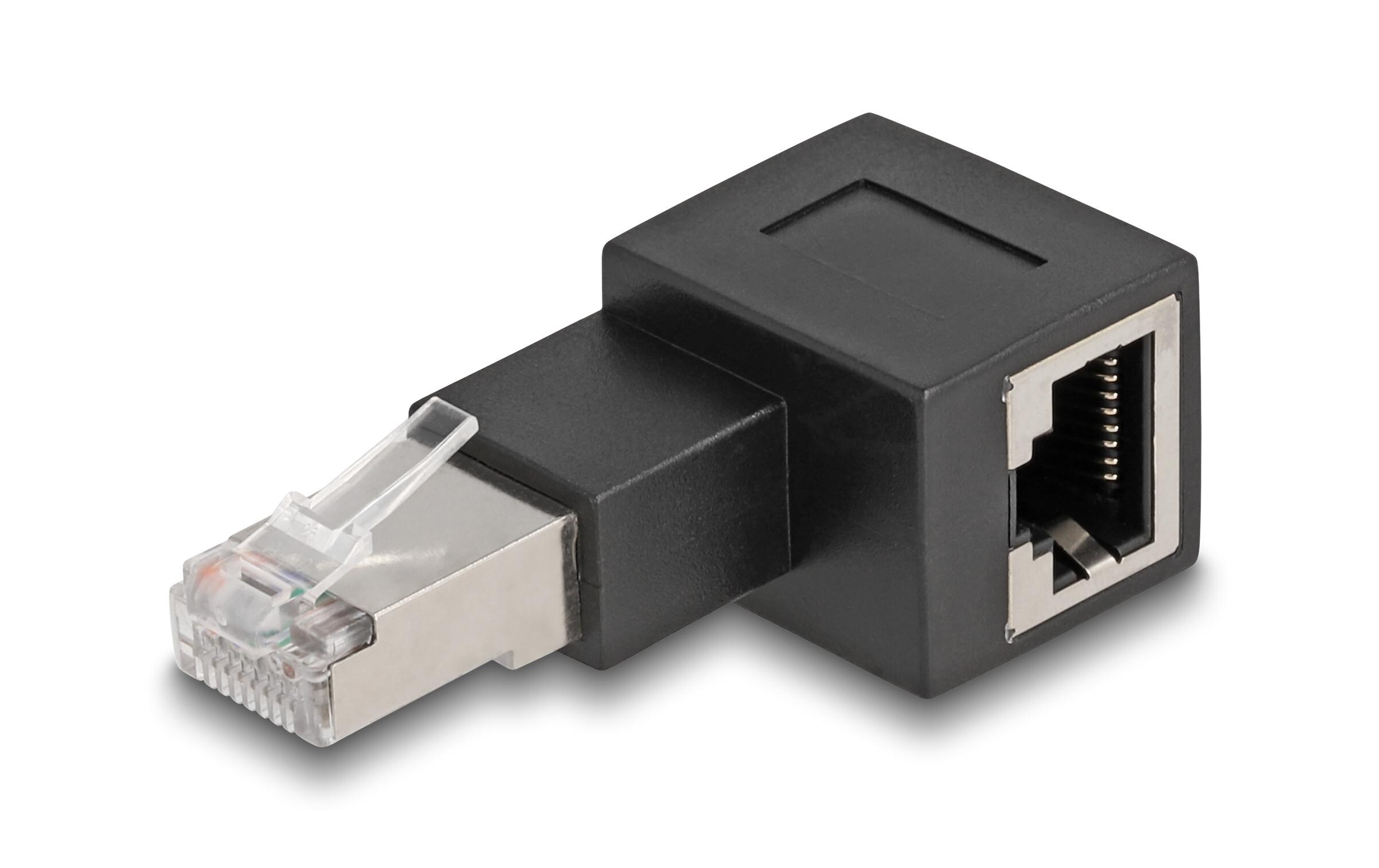 Winkeladapter 90° RJ45 nach rechts, Cat.6A 1 StückDelock RJ45 Stecker zu RJ45 Buchse Adapter Cat.6A 90° nach rechts gewinkelt