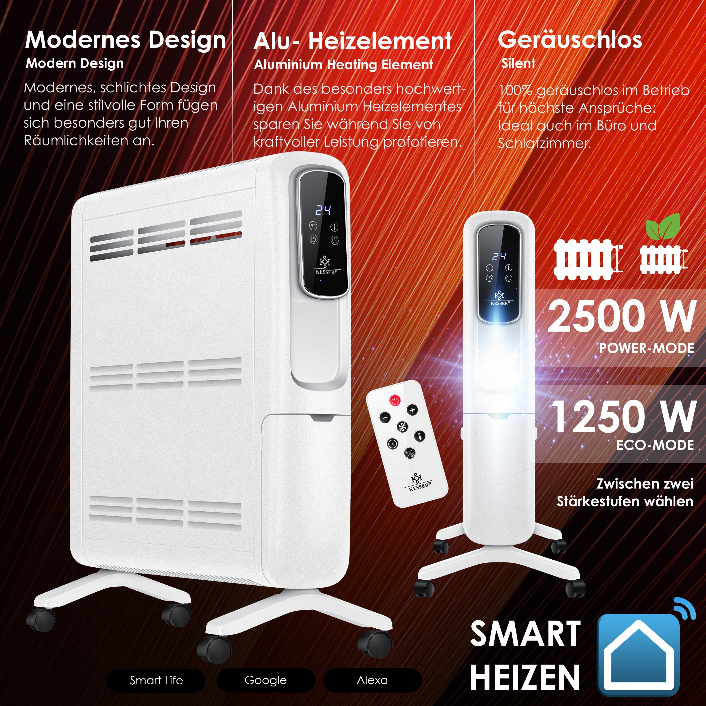KESSER® Konvektor Elektrische Heizung ECO 2500W Heizkörper Elektroheizung Standheizung energiesparend Display WiFi App & Fernbedienung Touchscreen - Mobil Radiator 24h Timer Thermostat