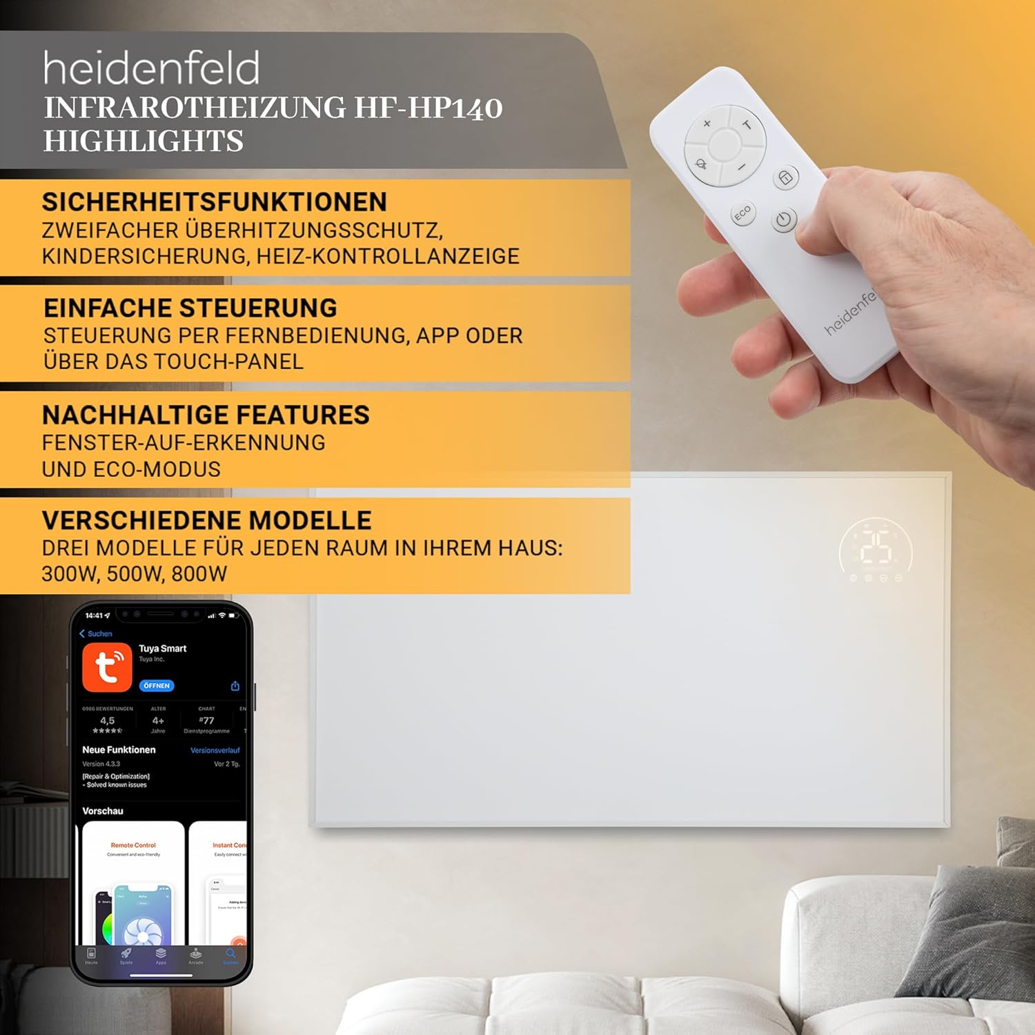 Heidenfeld Infrarotheizung HF-HP140 | 800 Watt bis 20 m² | 3in1 Steuerung via App | Fernbedienung | Touch-Bedienfeld | Mobile Elektroheizung | Infrarot Heizkörper mit Thermostat (HF-HP140 800 Watt)