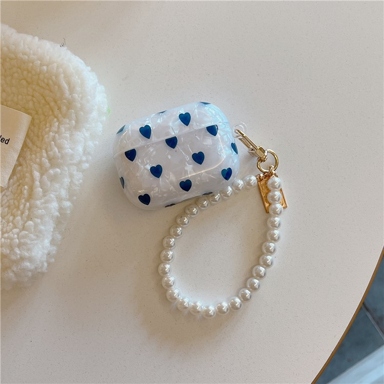 AirPods (3. Generation) Gummi Case Schutzhülle mit Handschlaufe Herz Design - Blau / Weiss