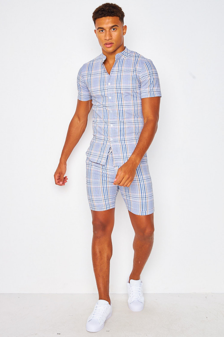 Short blanc à carreaux bleus et beiges