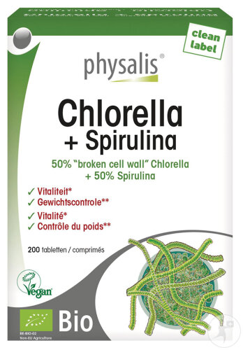 Physalis Chlorella + Spirulina Vitalité Et Contrôle Du Poids Bio Et Végan 200 Comprimés