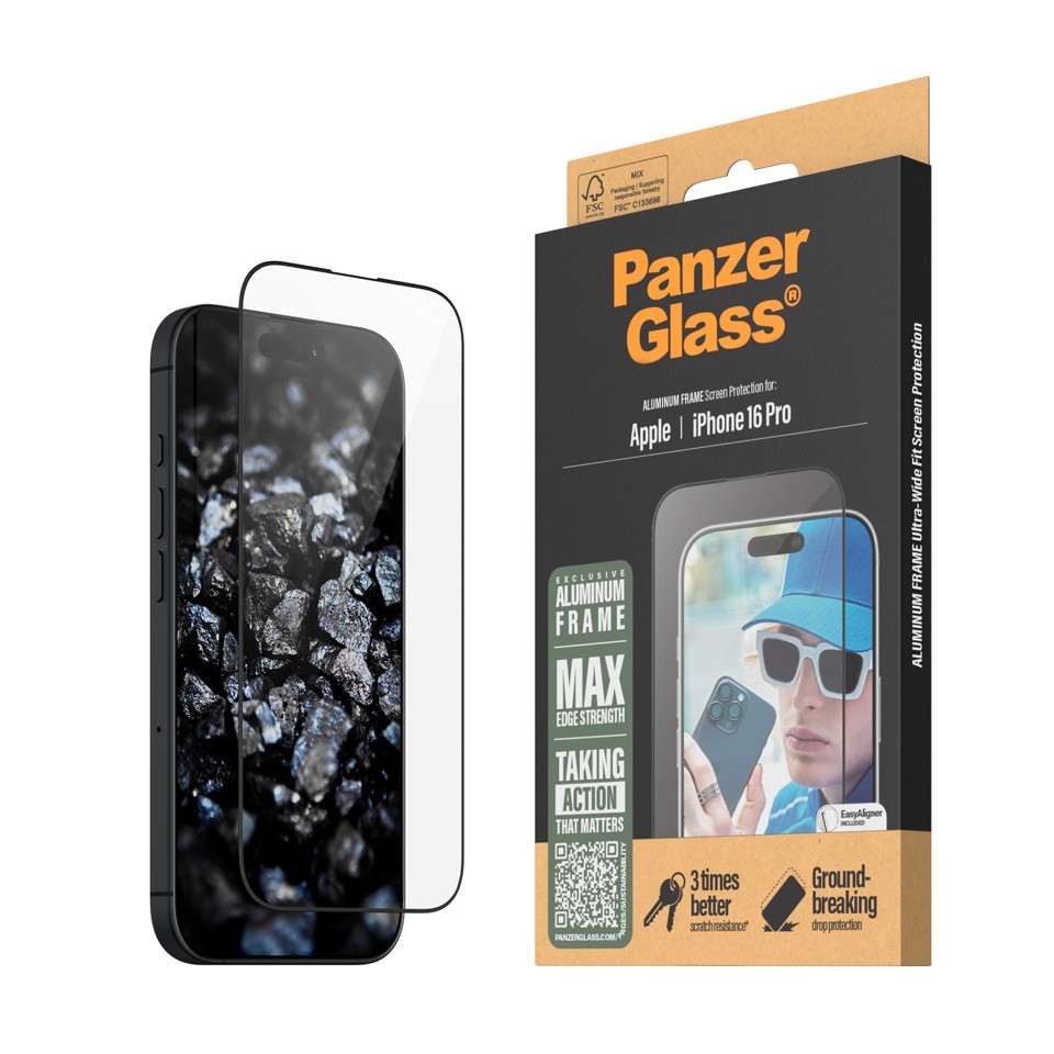 PanzerGlass - Skærmbeskyttelse - iPhone 16 Pro - Aluminium Frame - Ultra Wide Fit