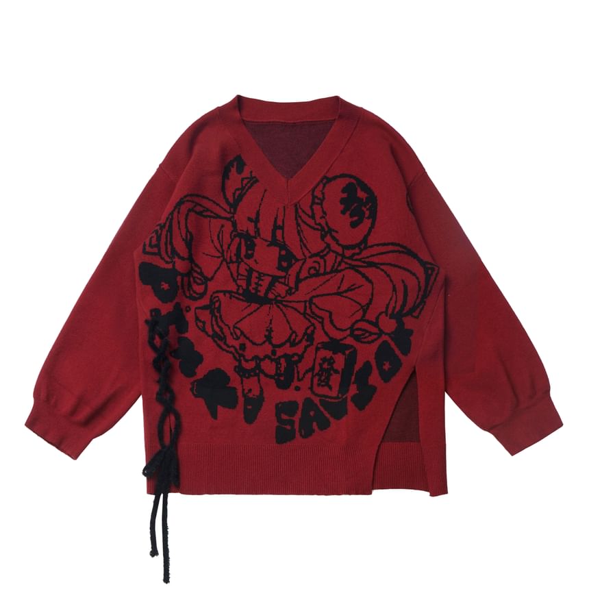 Florimi - V-hals cartoon jacquard split oversized trui
