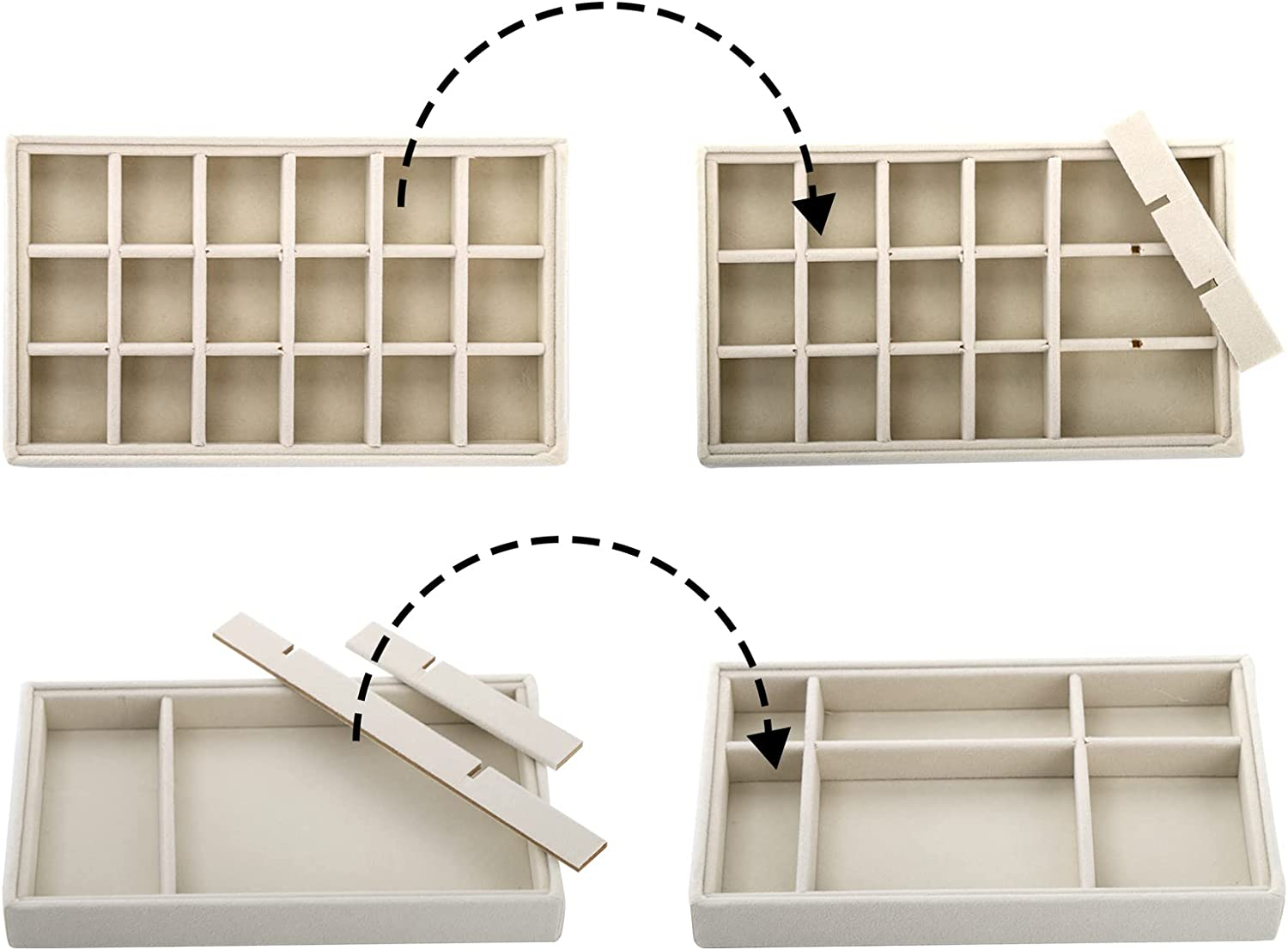 (21x12x2.5cm) Velour Schmuckschatulle Aufbewahrungsbox Organizer für Ringe / Ohrringe / Armbänder - Style 1 / Beige
