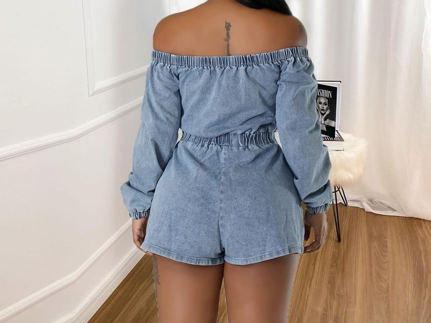BrickBlack - Lange mouwen off-shoulder denim romper met wijde pijpen