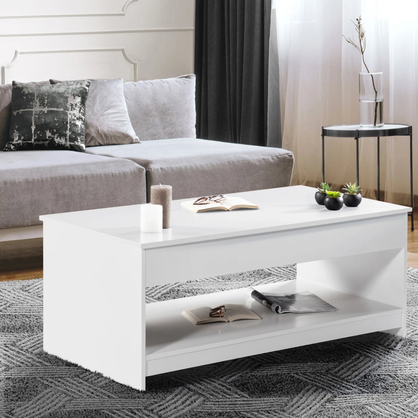 Table basse rectangulaire plateau relevable SOA bois blanc