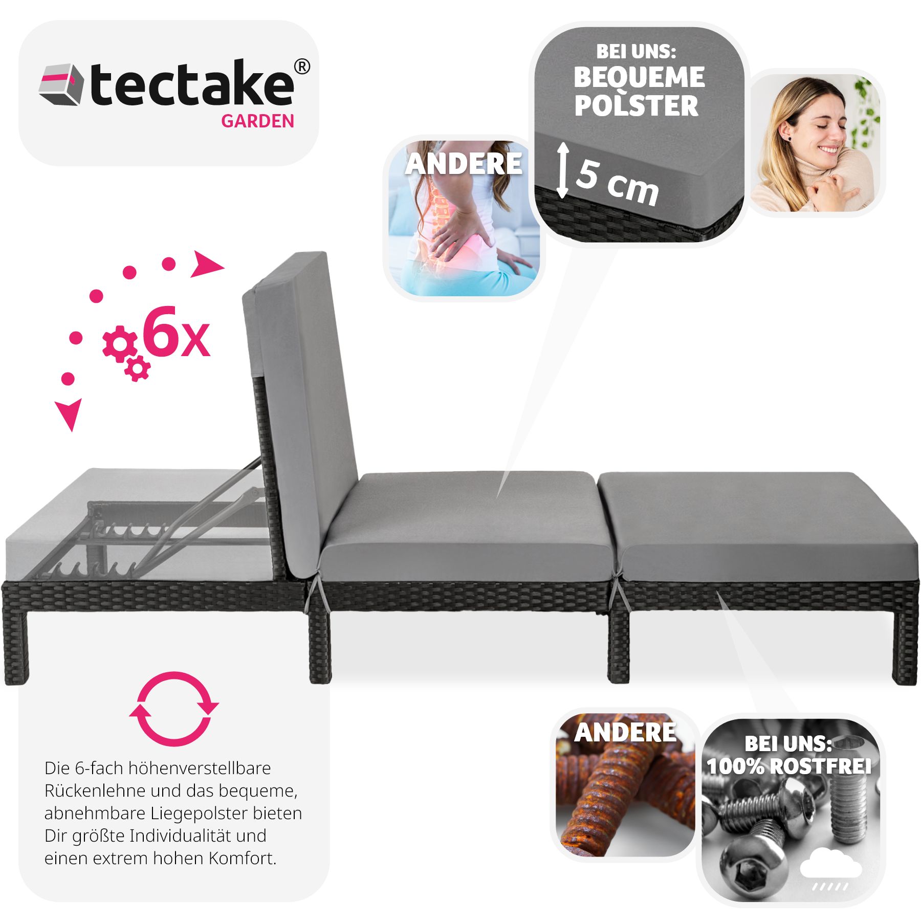 tectake® Rattan Sonnenliege, widerstandsfähig, 6-fach verstellbare Rückenlehne, 196 x 66 x 27 cm