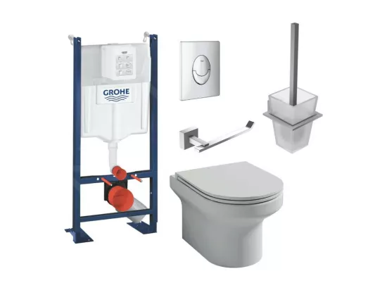 Pack WC suspendu sans bride Jacob Delafon Elite abattant + Bâti support Grohe RapidSL + plaque chromé + accessoires carrés