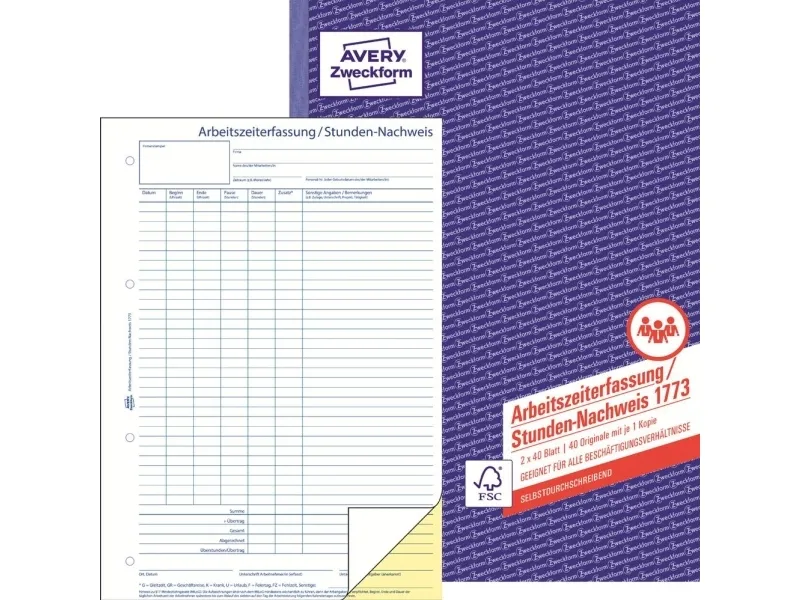 Avery Zweckform - Timebaseret tidsark - 40 ark - A4 - duplikat - karbonfri