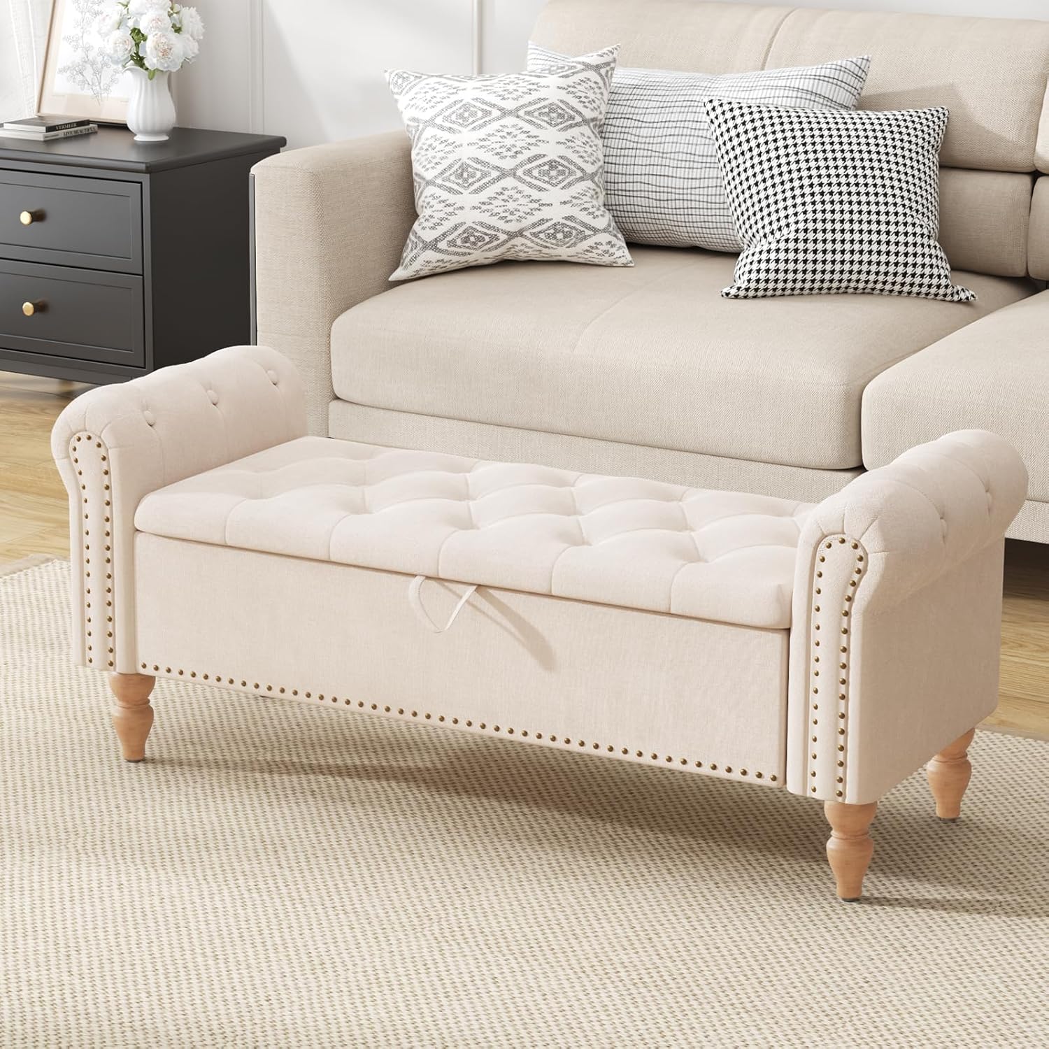 Sitzbank mit Stauraum, Bettbank Aufbewahrungsbox Fußbank 132 x 45 x 53 cm, Polsterbank mit Beinen für Wohnzimmer Schlafzimmer Flur, Beige
