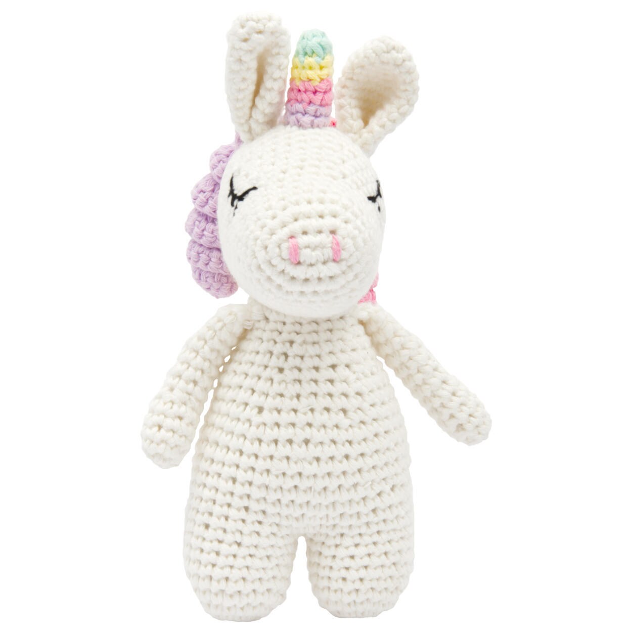 Handgestrickter Einhorn gehäkelt aus Baumwolle Spielzeug 16 cm