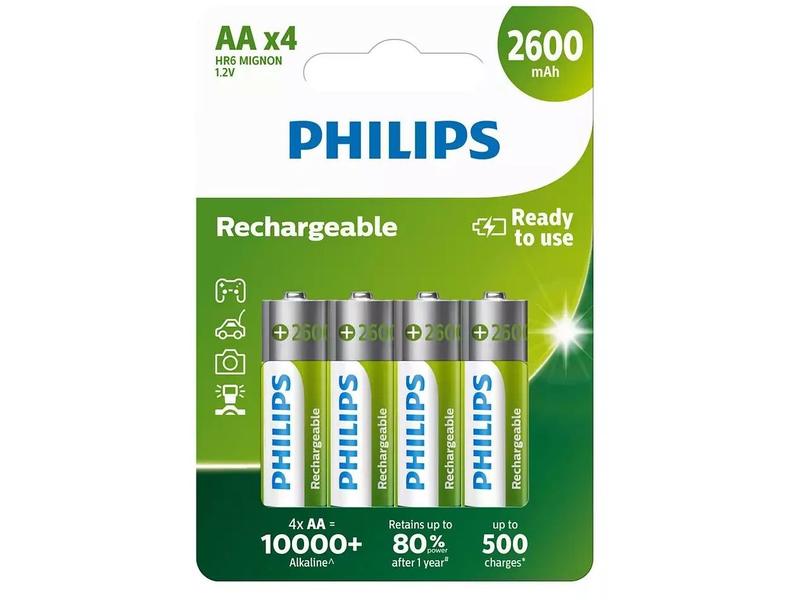 Philips Akku Rechargeable NiMH AA 2600 mAh, 4 Stück AA-Akkus im 4er-Pack