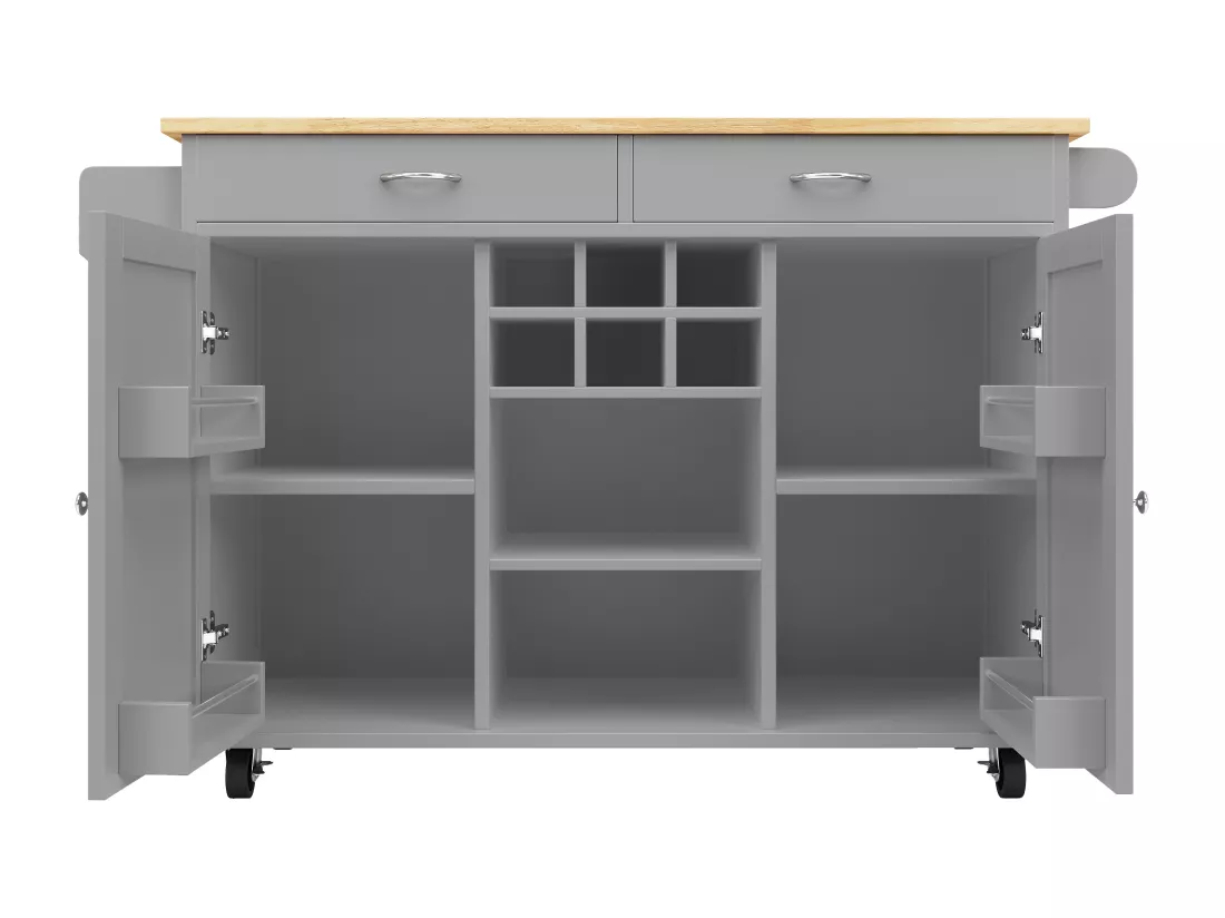 Ilot central de cuisine mobile avec 2 portes et 2 tiroirs - 102x45x92 cm - Bois MDF - Gris et naturel