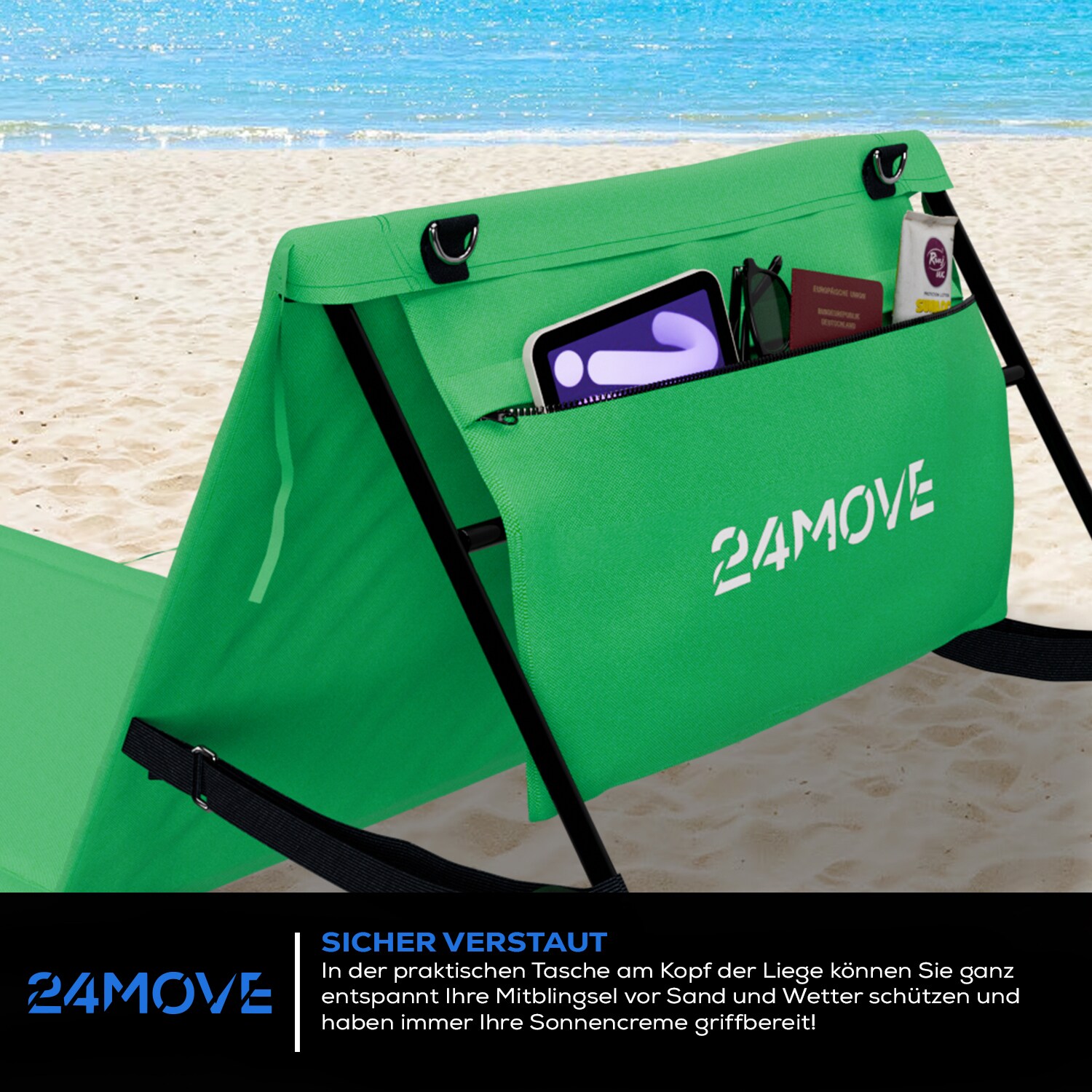 24MOVE® Strandmatte 2er Set klappbar mit Rückenlehne, Strandliege mit Gurt, tragbar für Strand und Garten, Liegematte grün