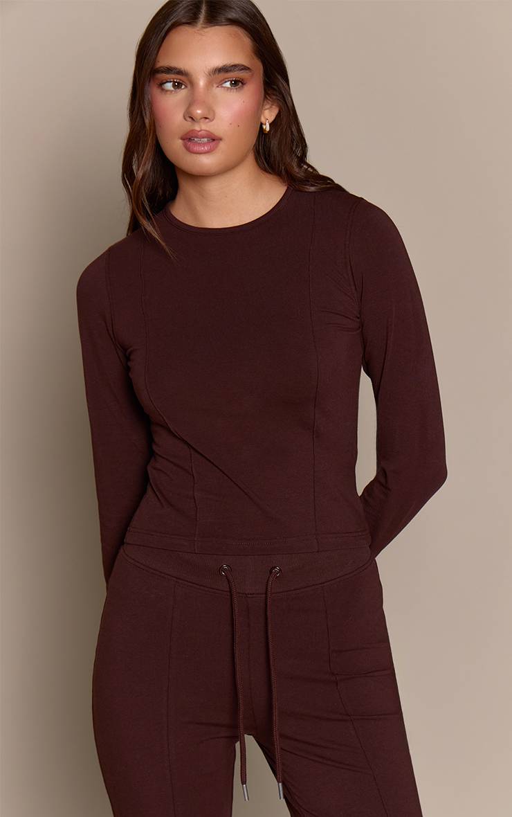 Marron Foncé Ensemble Haut À Manches Longues En Coton Avec Détails De Coutures