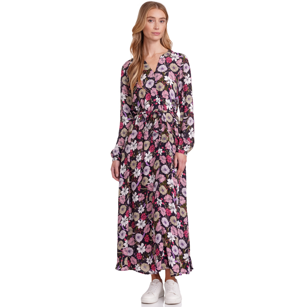 Jonas Nielsen Damen Maxi-Kleid mit floralem Allover-Print schwarz / oliv / rosa
