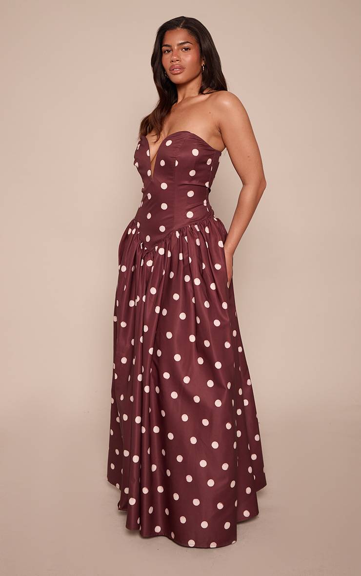 Chocolat Robe Maxi Bustier Plongeant À Pois Crème Shape