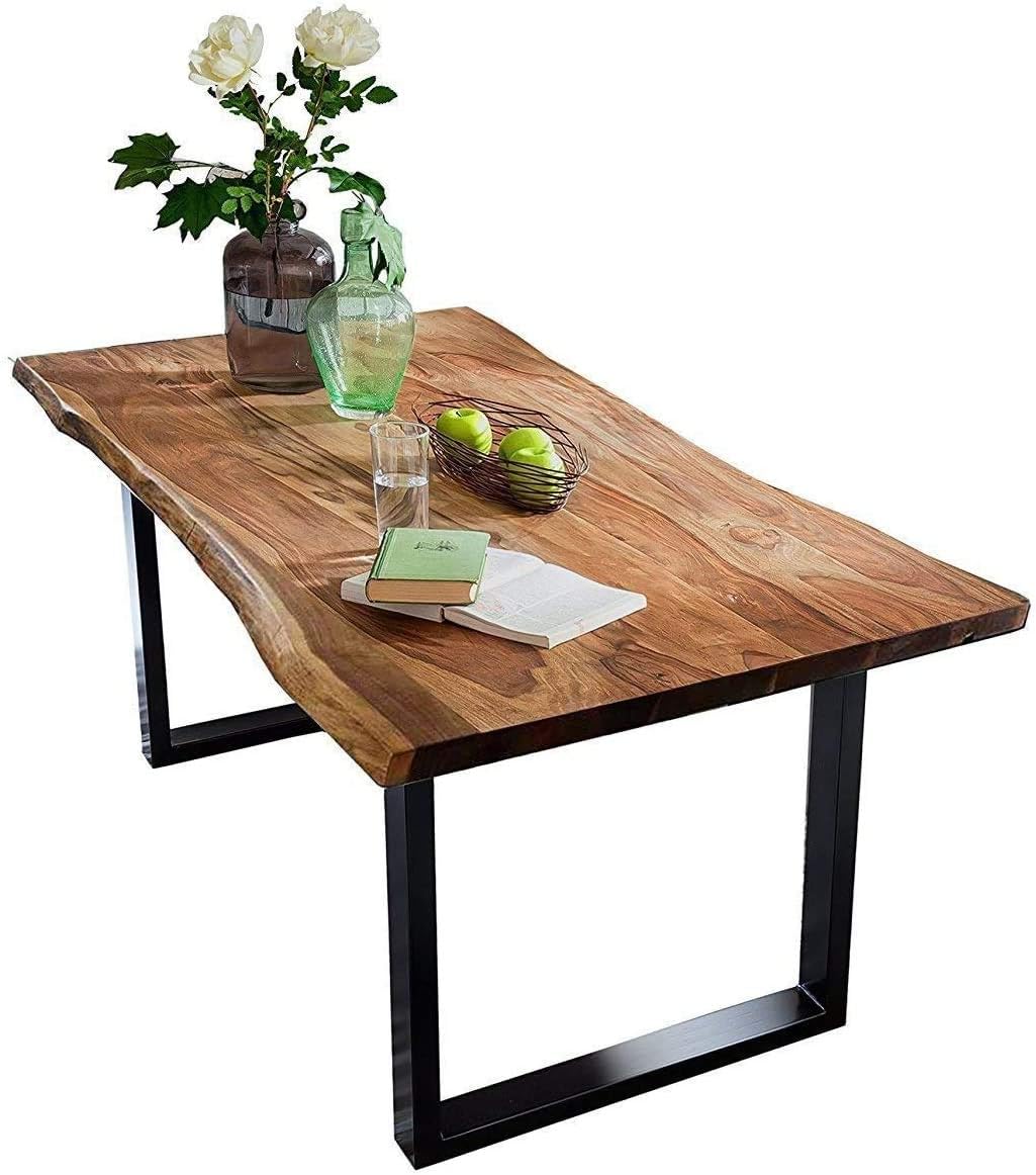 SAM Baumkantentisch 180x90 cm Quarto, Akazienholz massiv + nussbaumfarben, Esstisch mit schwarzem U-Gestell, Esszimmertisch/Holztisch Industrial-Design, Tischplatte 26 mm