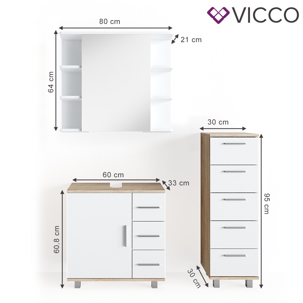 VICCO Badmöbel Set ILIAS Weiß Eiche Bad Spiegel Kommode Unterschrank Badschrank