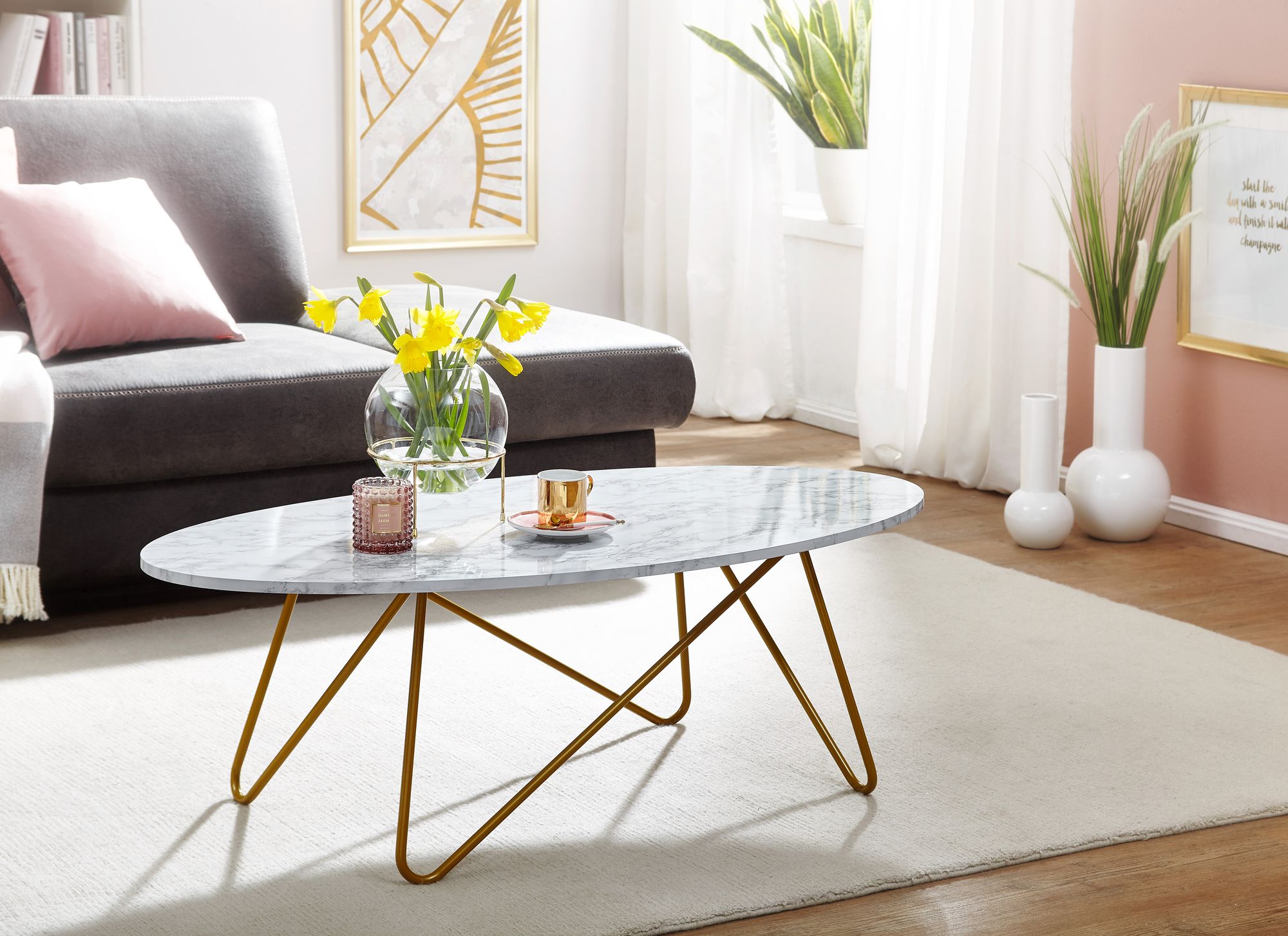FineBuy Couchtisch Marmor Optik Weiß 120 cm Wohnzimmertisch Oval Tisch Sofatisch