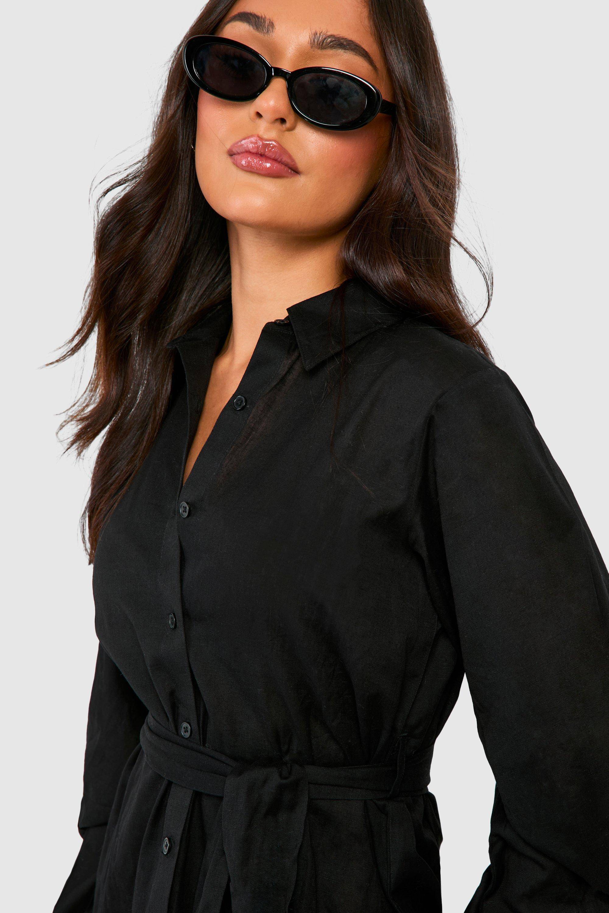 boohoo Petite robe chemise à ceinture effet lin