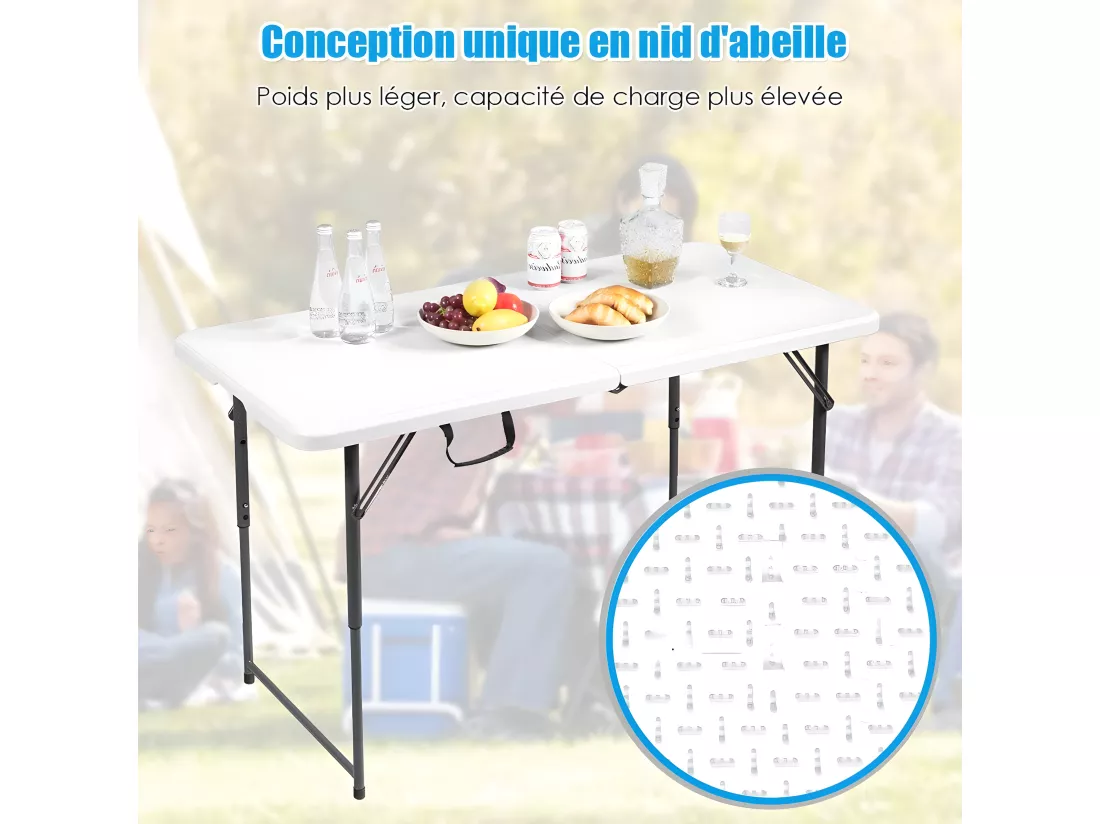 Table Pliante pour CamBoisg 122 x 61CM Hauteur Réglable à 3 Positions Capacité de Charge 150KG en Plastique et Acier avec Sac Portable pour Extérieur, CamBoisg, Pique-Nique