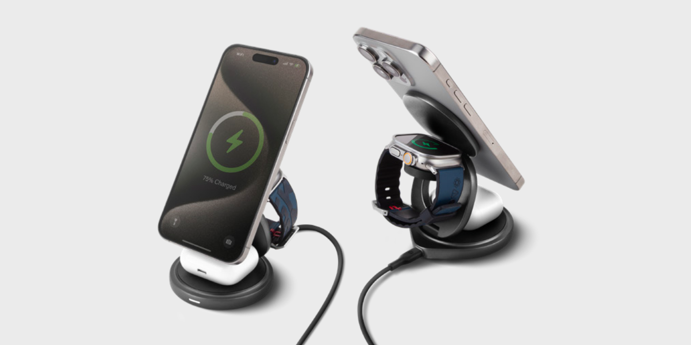 Bazic (by Energea) - (15W) 3in1 MagSafe Ladegerät Qi Wireless Charger Faltbarer Ladeständer für Apple Watch / Smartphone / AirPods - Gold