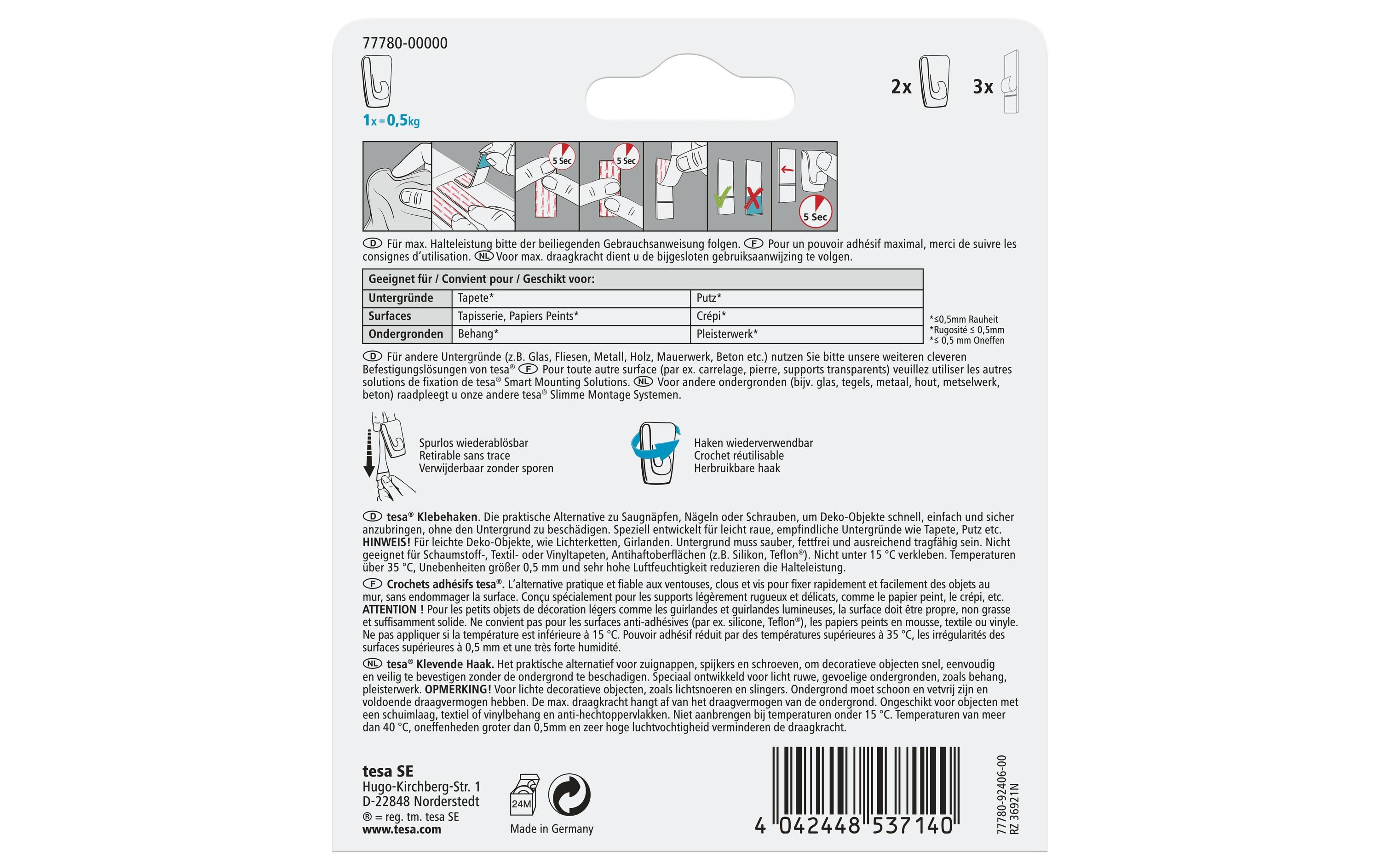 Klebehaken für Tapeten & Putz 0,5 kgKlebehaken für Tapete & Putz