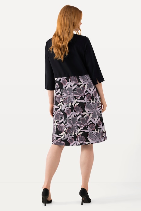 Kleid, Materialmix, Tunika-Ausschnitt, 3/4-Arm