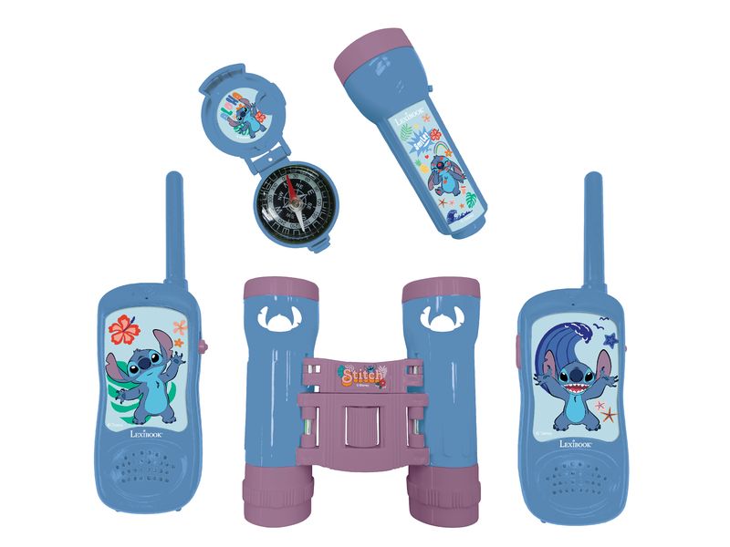 Lexibook Abenteurer-Set mit Stitch-Walkie-Talkies Abenteuer Set mit Fernglas, Kompass, Taschenlampe und Walkie-Talkies mit Gürtelclip