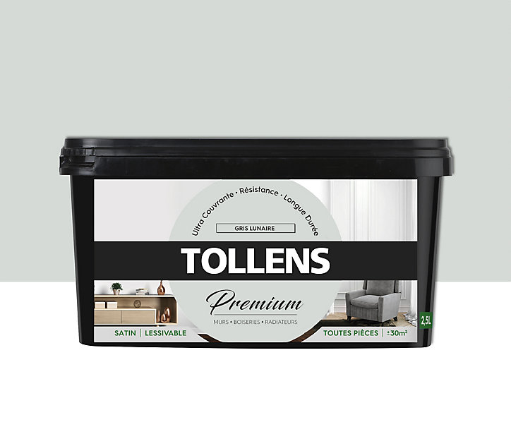 Peinture Tollens premium murs, boiseries et radiateurs gris lunaire satin 2,5L