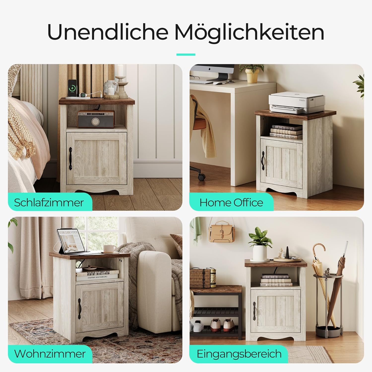 LINSY HOME Nachttisch 2er Set, 48cm Breit Holz Beistelltisch mit Steckdose, Nachtschrank für Schlafzimmer, Wohnzimmer, Couch mit USB Ports und Steckdosen, Nachttisch mit Stauraum, 48x40x60cm, Beige