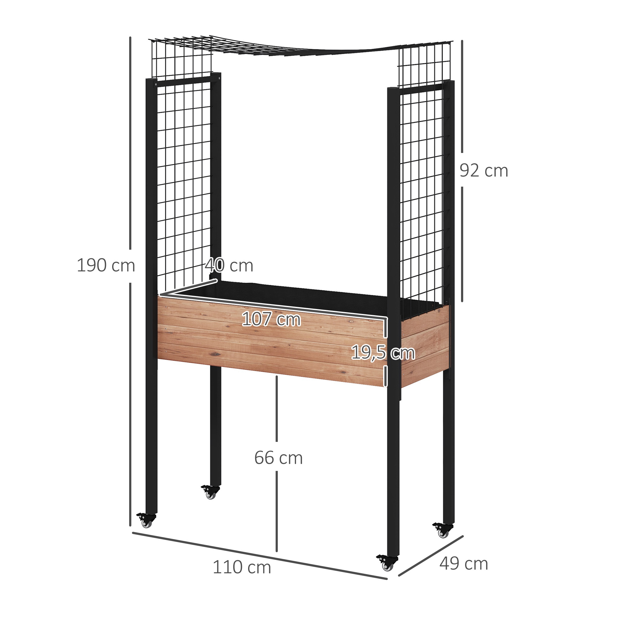 Canteiro Elevado Outsunny com Rodas, Jardim Urbano com Treliça e Orifícios de Drenagem para Plantas Trepadeiras e Flores, Vaso de Madeira, 110x49x190 cm, Marrom