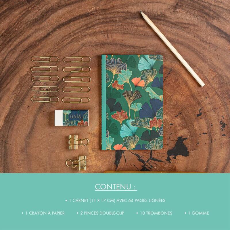 Gaïa bleu, Kit de papeterie contenant un carnet 11x17 cm 64 pages lignées, un crayon de papier, 2 pinces doubles-clip, 10 trombones et une gomme