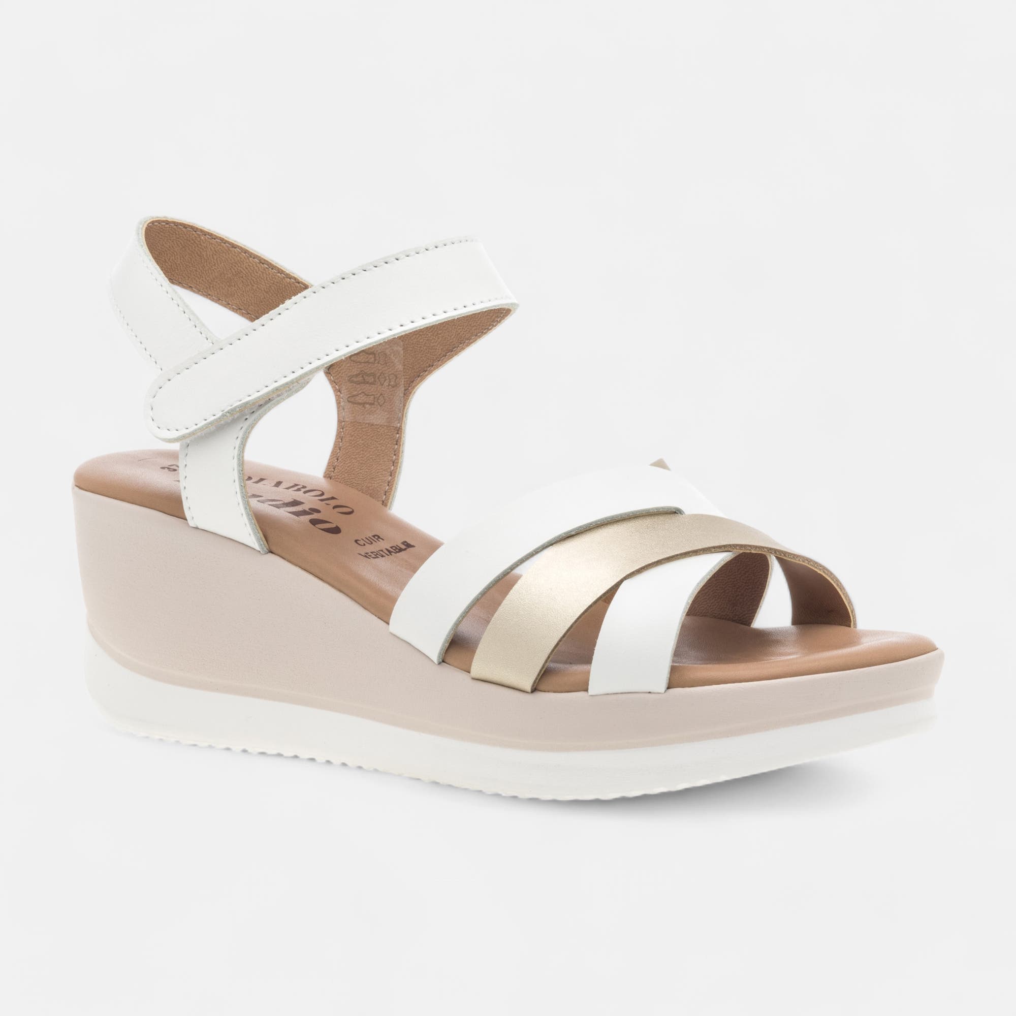 Sandales à talon compensé Femme en cuir blanc