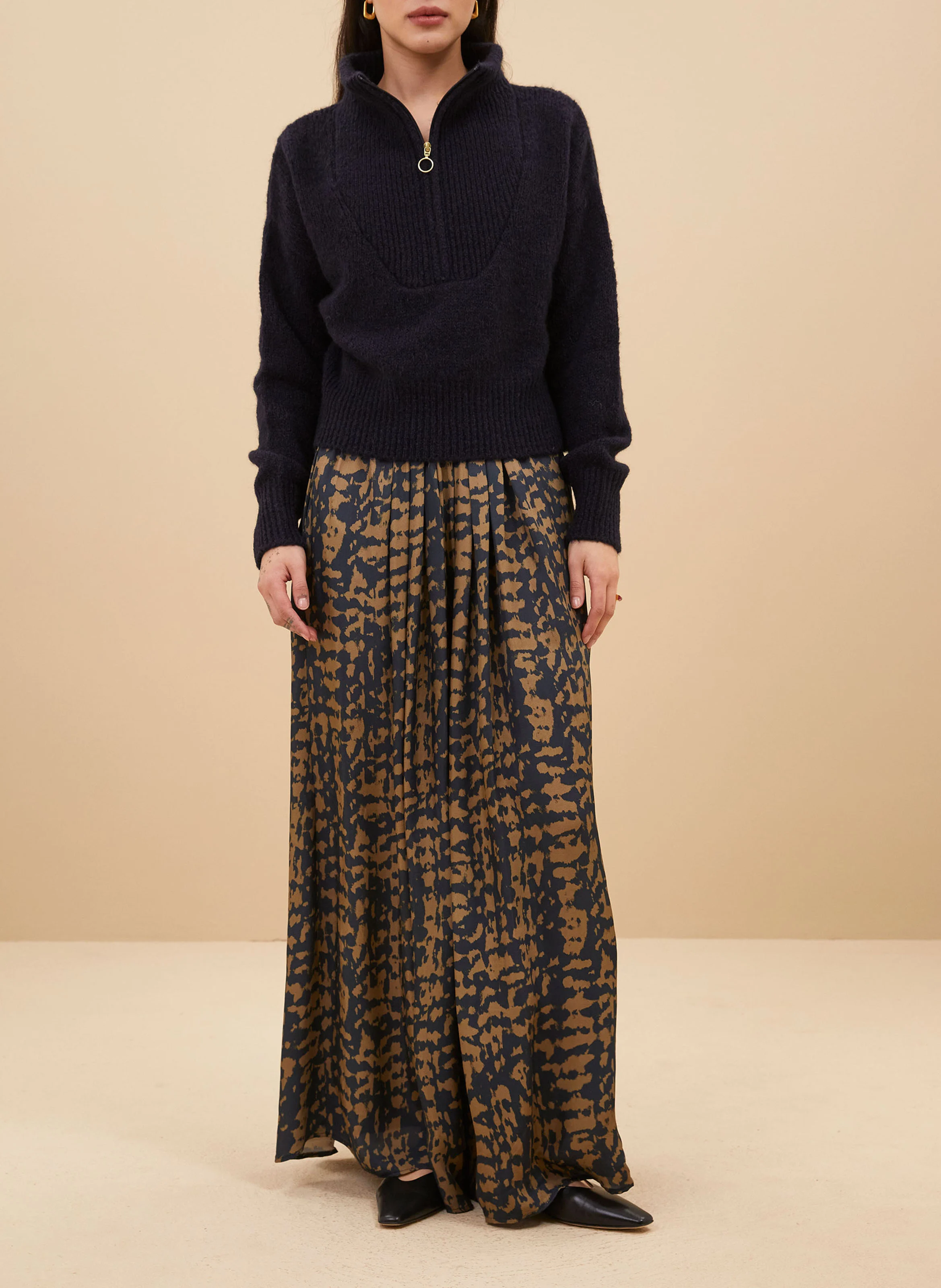 Jupe midi évasée imprimée| Beige