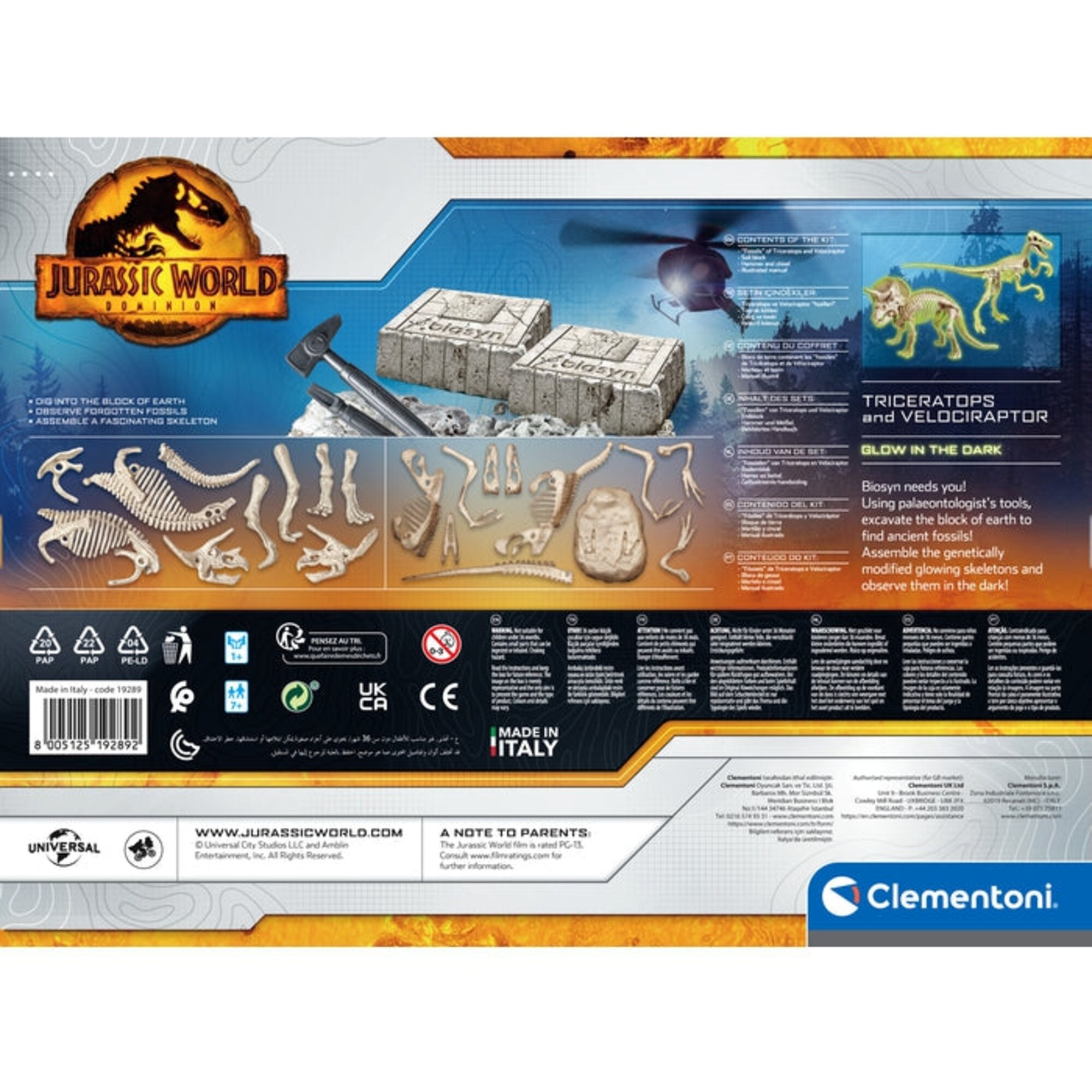 Clementoni Experimentierkasten Jurassic World 3 - Ausgrabungs-Set Triceratops & Velociraptor