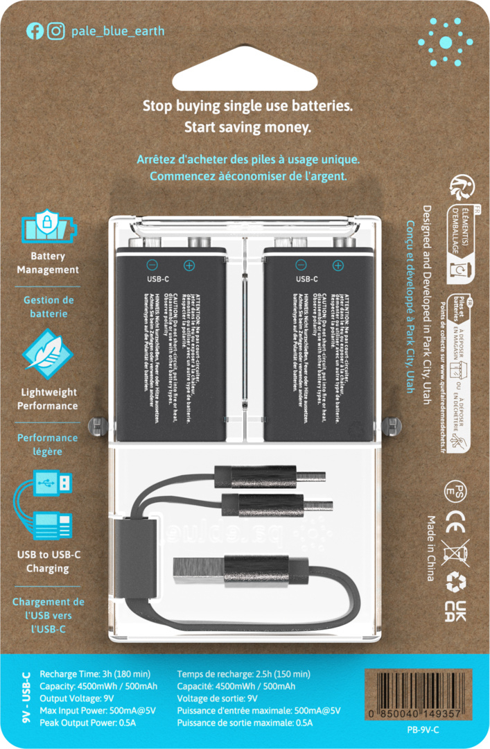 (2er Set) Earth USB C Wiederaufladbare 9 Volt 500mAh Li-Ion 9V Akku Batterie (BP-9V-C)