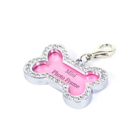 (40x24mm) Hunde Halsband Anhänger Glitzer Accessoire Fotorahmen im Knochen Design - Silber