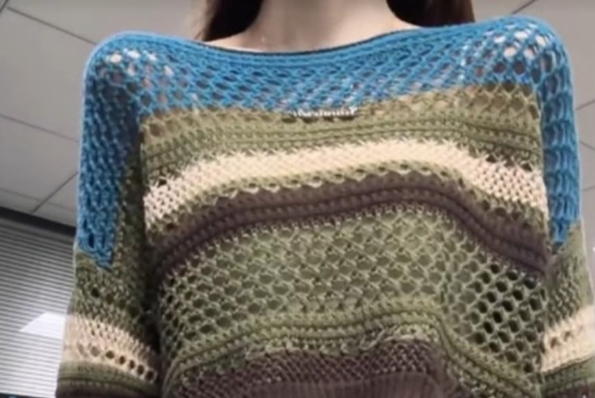 Shinsei - Gebreide top met lange mouwen en ronde hals, geperforeerd gestreept